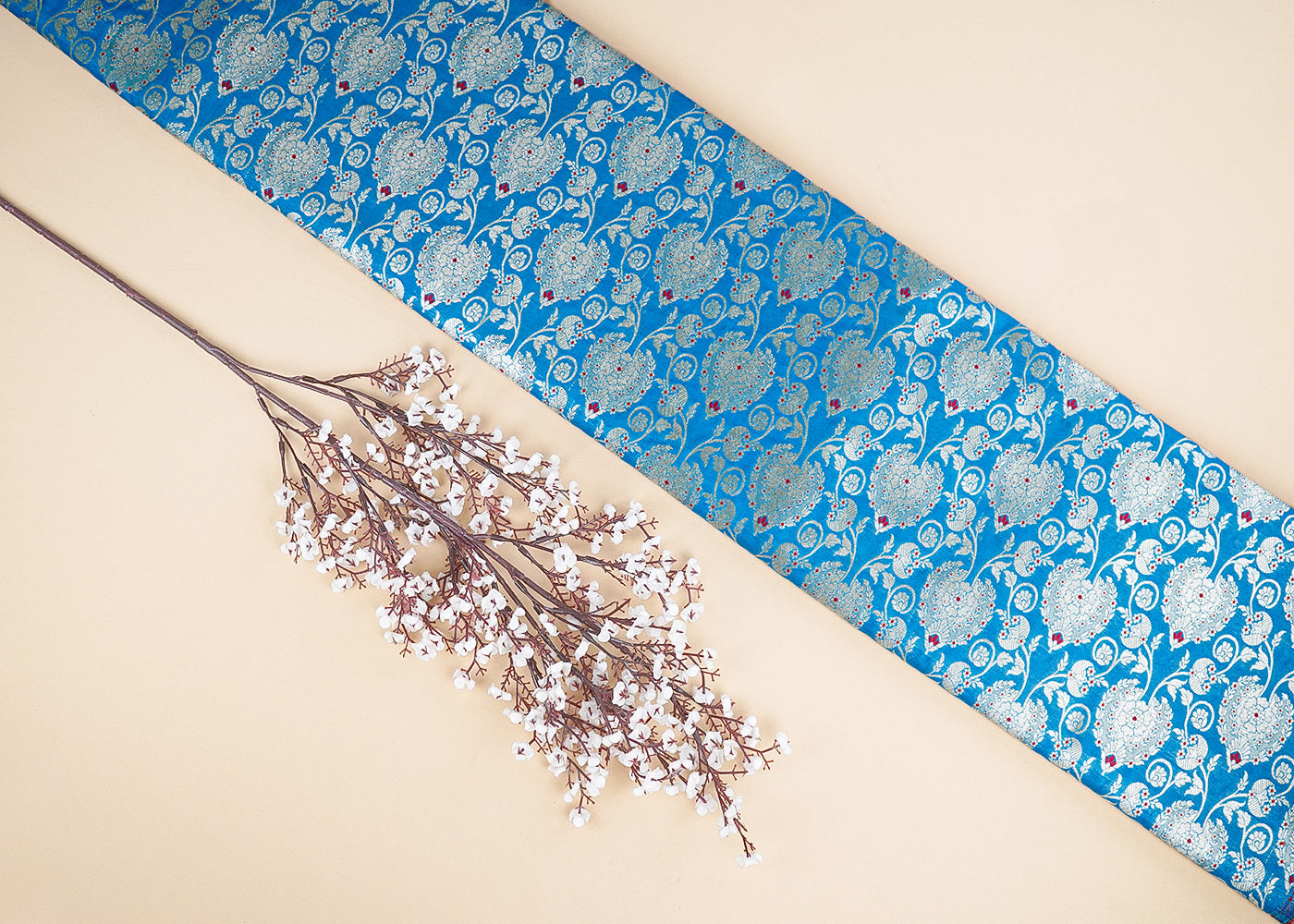 Teal Blue Banarasi Brocade Fabric With All Over Golden Zari Handloom 22723