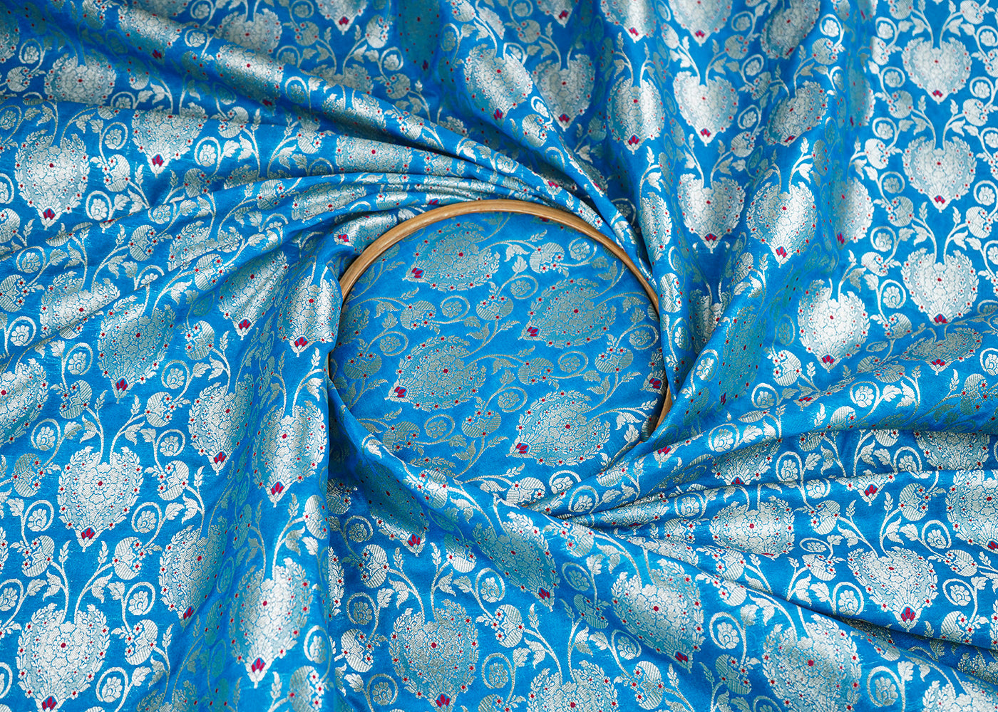 Teal Blue Banarasi Brocade Fabric With All Over Golden Zari Handloom 22723