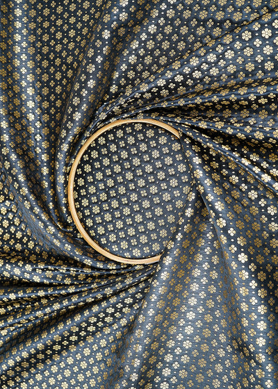 Black Banarasi Brocade Fabric With All Over Golden Zari Handloom 22724