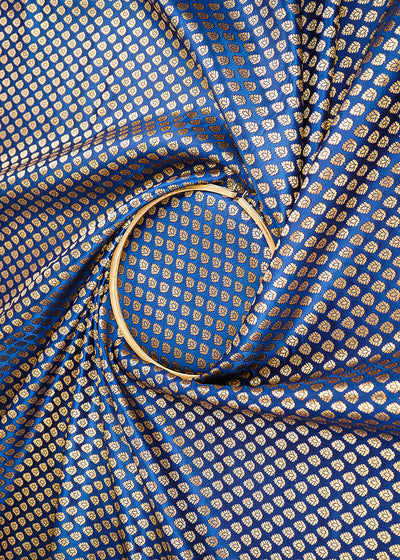 Navy Blue Banarasi Brocade Fabric With All Over Golden Zari Handloom 22733