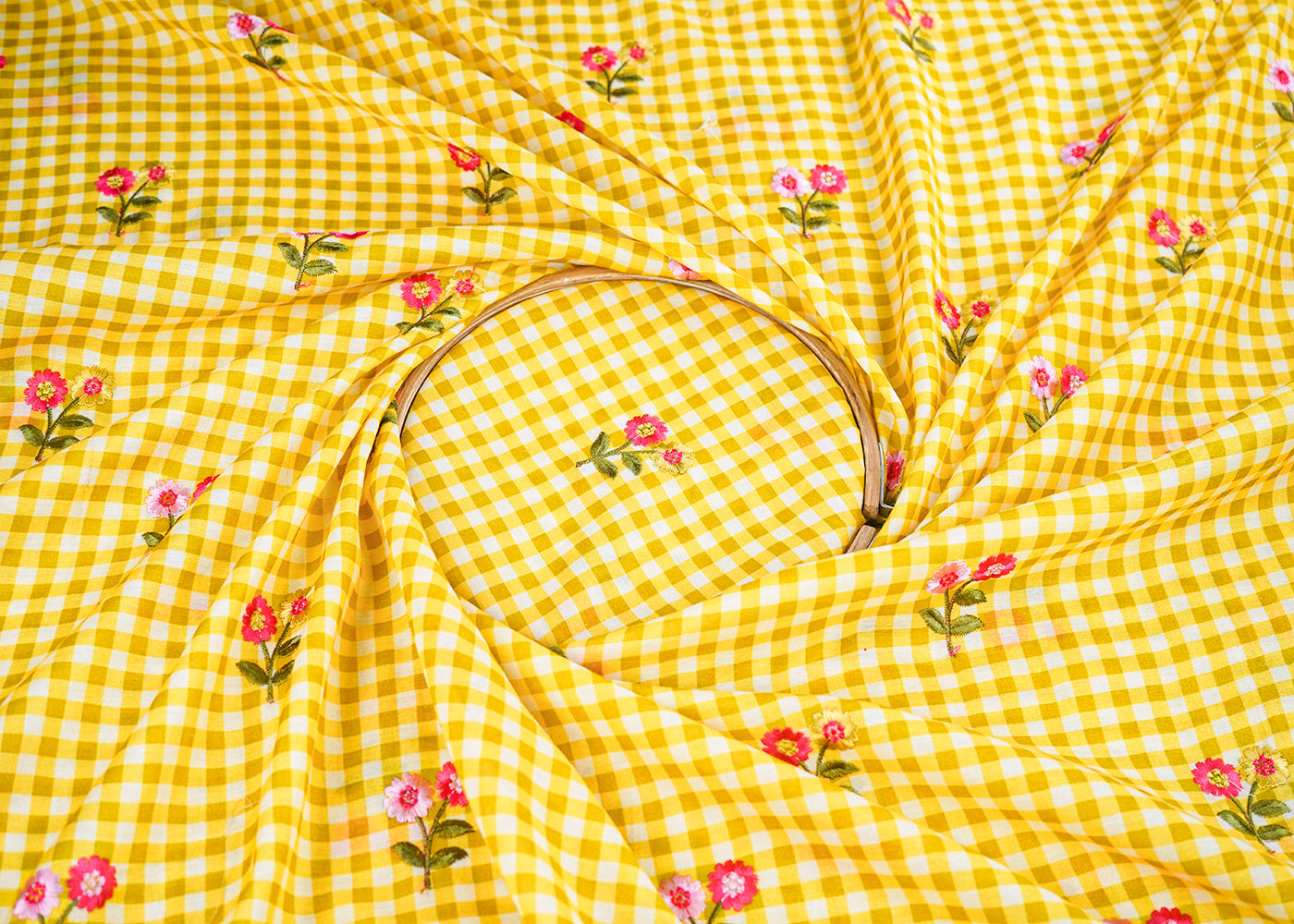 Yellow-Cotton-Fabric-With-All-Over-Check-Print-And-Floral-Thread-Work-22743-close-view
