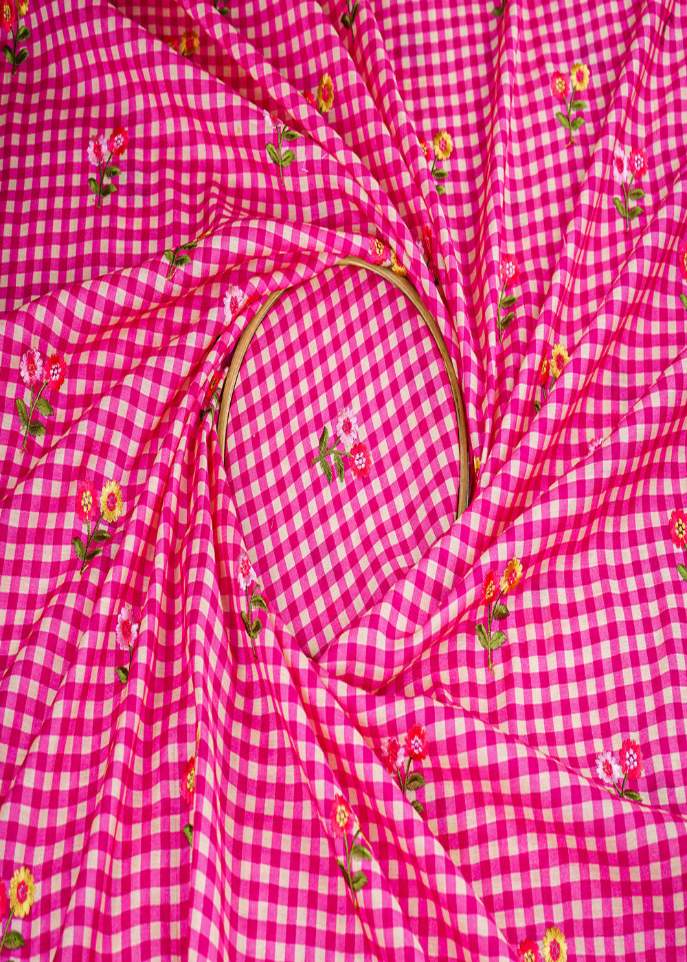 Rani Pink Cotton Fabric With All Over Check Print And Floral Thread Work 22744