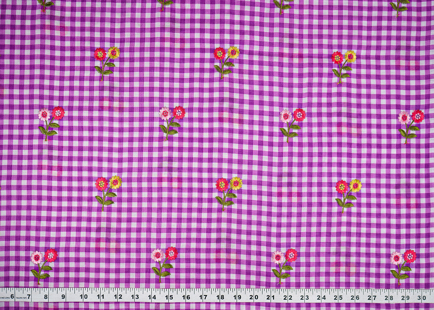 Purple Cotton Fabric With All Over Check Print And Floral Thread Work 22745