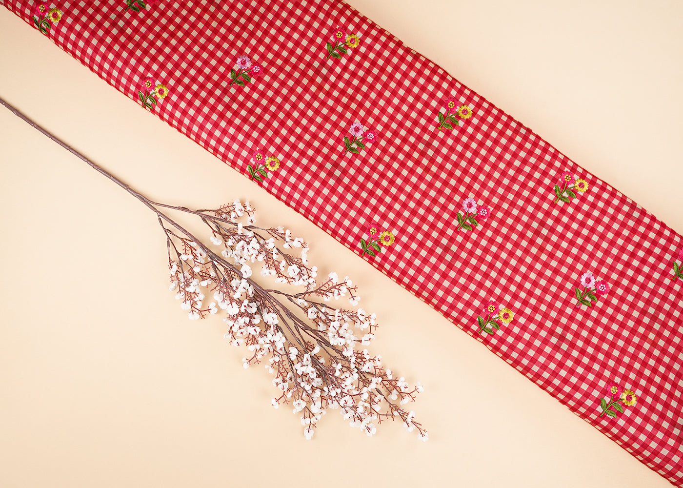 Red Cotton Fabric With All Over Check Print And Floral Thread Work 22746