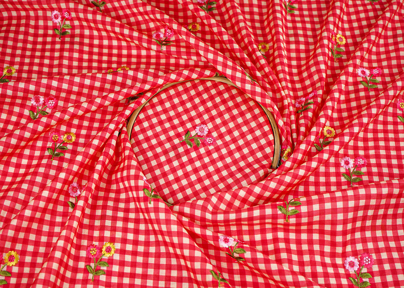 Red Cotton Fabric With All Over Check Print And Floral Thread Work 22746