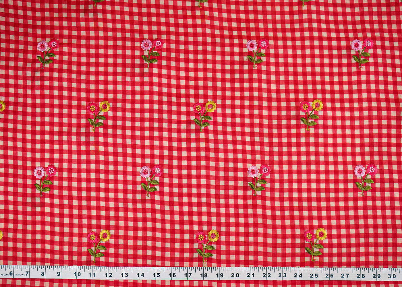 Red Cotton Fabric With All Over Check Print And Floral Thread Work 22746