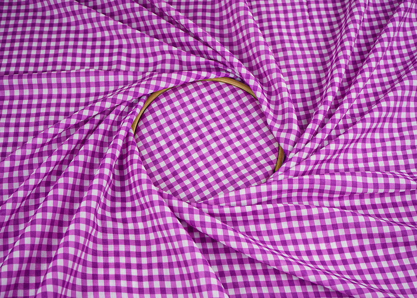 Purple Cotton Fabric With All Over Gingham Print And Floral Thread Work 22750