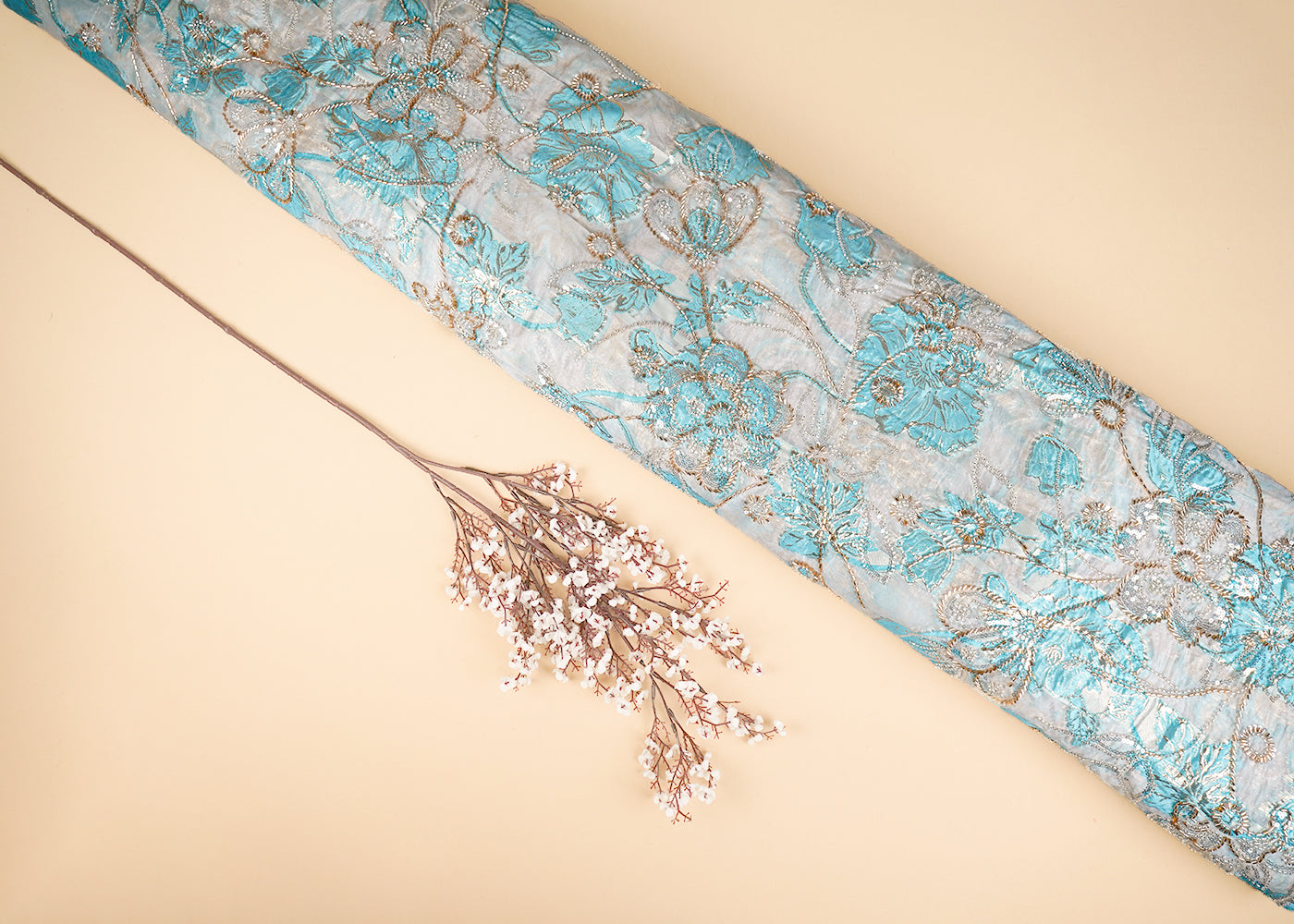 White-Organza-Fabric-With-All-Over-Katdana-Bead-And-Sequins-Work-&-Blue-Foil-Work-Flowers-22751