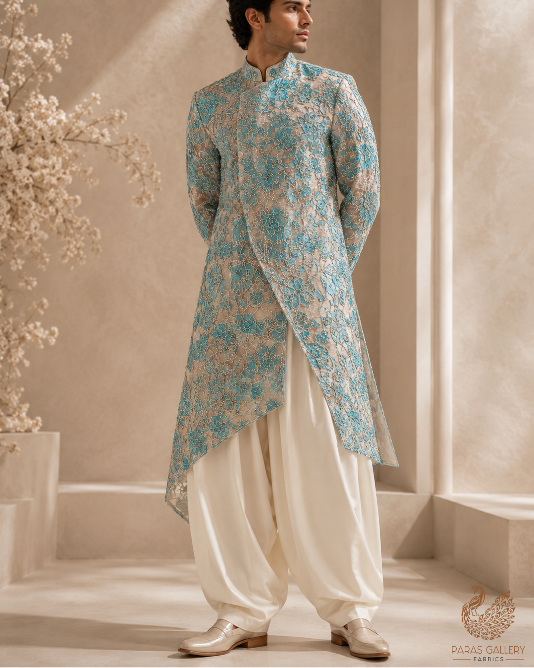 White Organza Fabric With All Over Katdana, Bead And Sequins Work & Blue Foil Work Flowers 22751