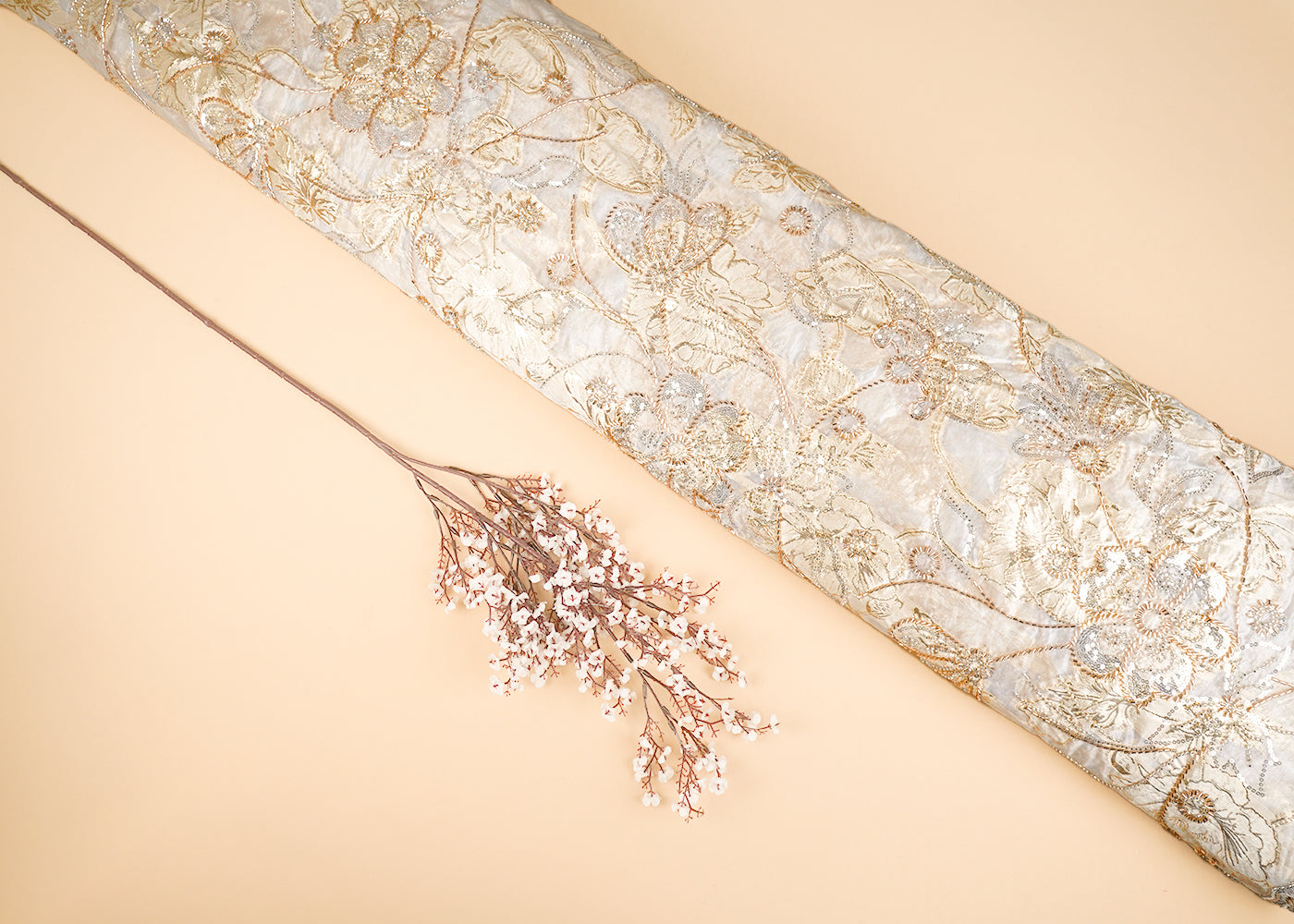 White-Organza-Fabric-With-All-Over-Katdana,-Bead-And-Sequins-Work-&-Golden-Foil-Work-Flowers-22752
