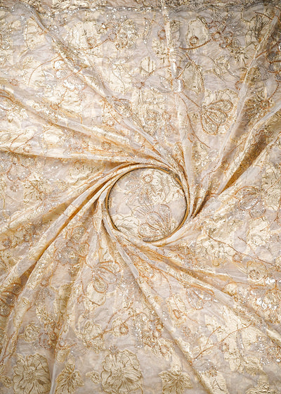 White Organza Fabric With All Over Katdana, Bead And Sequins Work & Golden Foil Work Flowers 22752