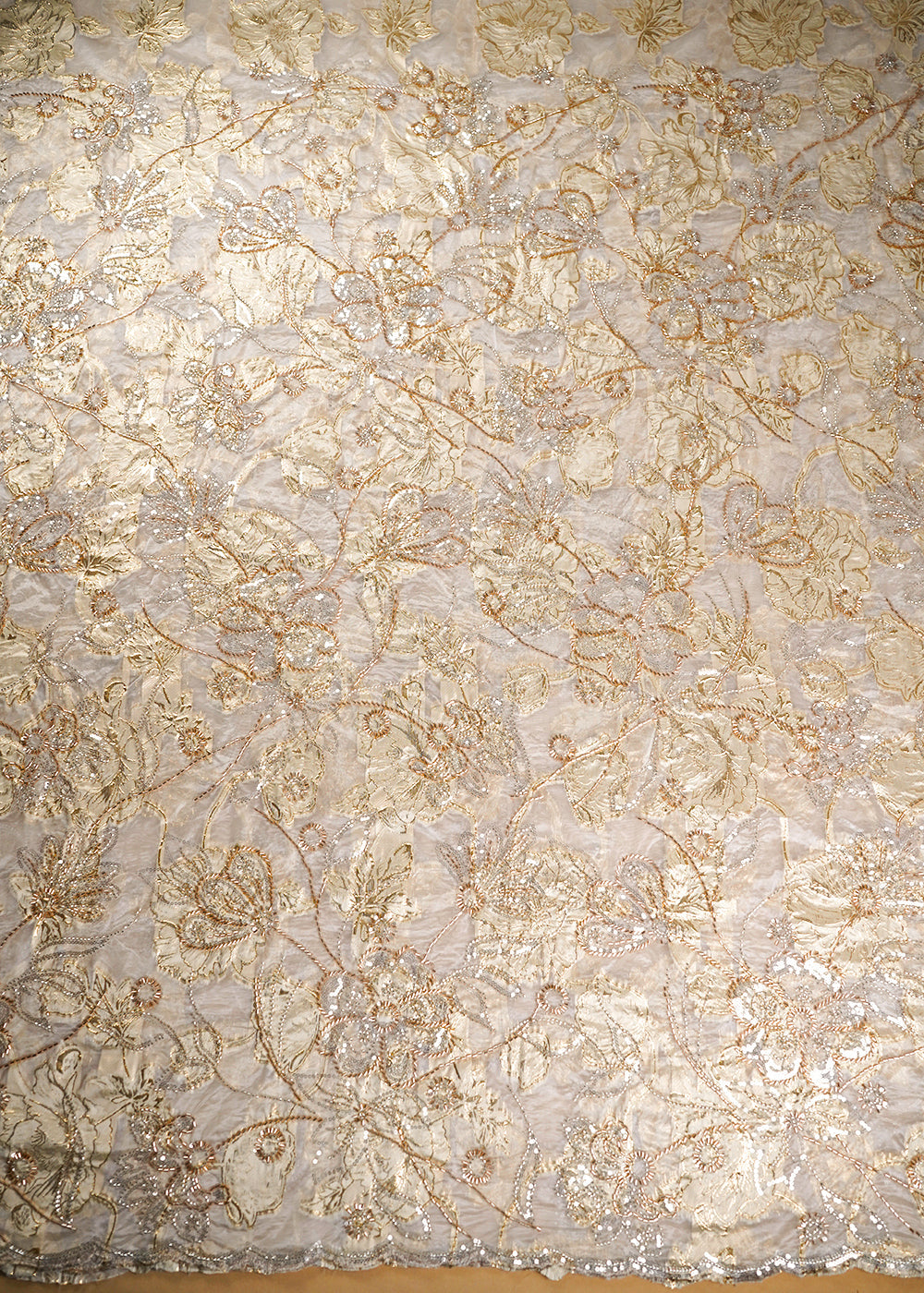 White-Organza-Fabric-With-All-Over-Katdana,-Bead-And-Sequins-Work-&-Golden-Foil-Work-Flowers-22752-design-view