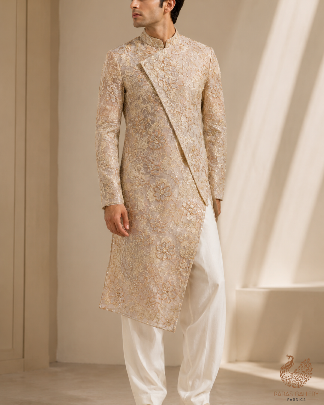 White Organza Fabric With All Over Katdana, Bead And Sequins Work & Golden Foil Work Flowers 22752