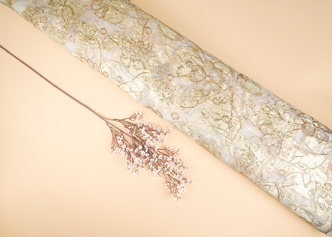 White-Organza-Fabric-With-All-Over-Katdana,-Bead-And-Sequins-Work-&-Lemon-Yellow-Foil-Work-Flowers-22753