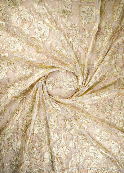 White Organza Fabric With All Over Katdana, Bead And Sequins Work & Lemon Yellow Foil Work Flowers 22753
