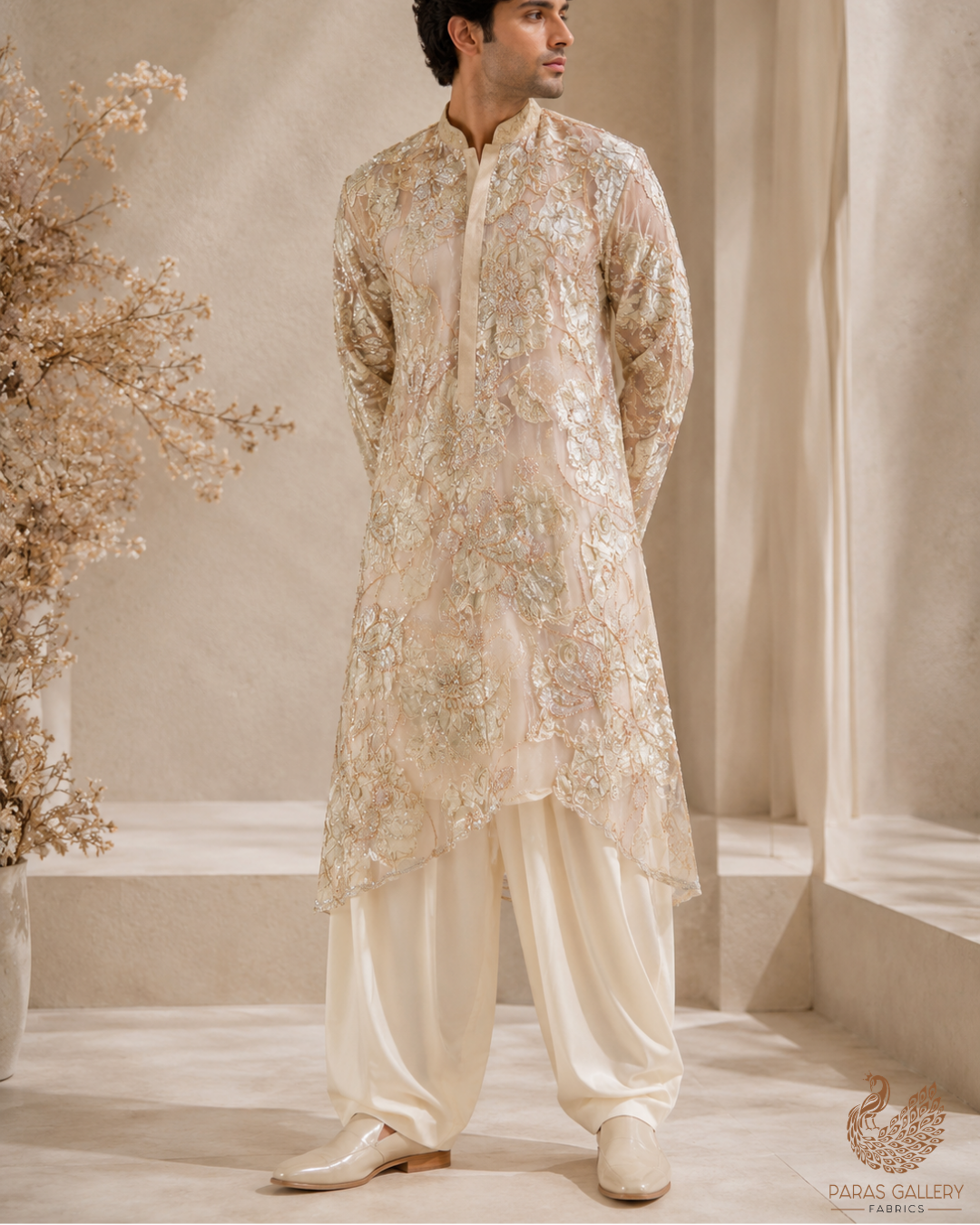 White Organza Fabric With All Over Katdana, Bead And Sequins Work & Lemon Yellow Foil Work Flowers 22753
