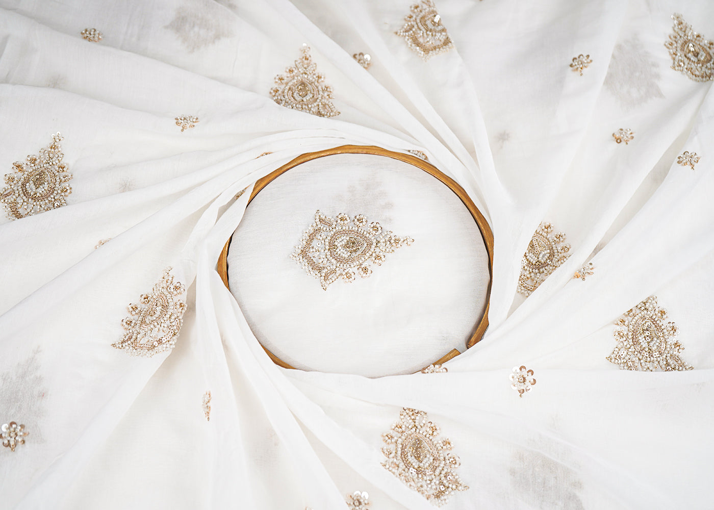 White Dyeable Modal Cotton Fabric With All Over Zari, Sequins And Katdana Work 22763