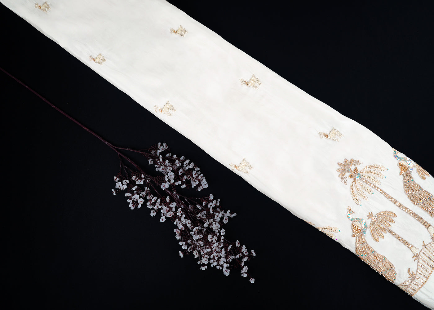 White Dyeable Silk Fabric With All Over Buti Of Zari, Sequins, Katdana & Bead Work With One Side Peacock Border 22764