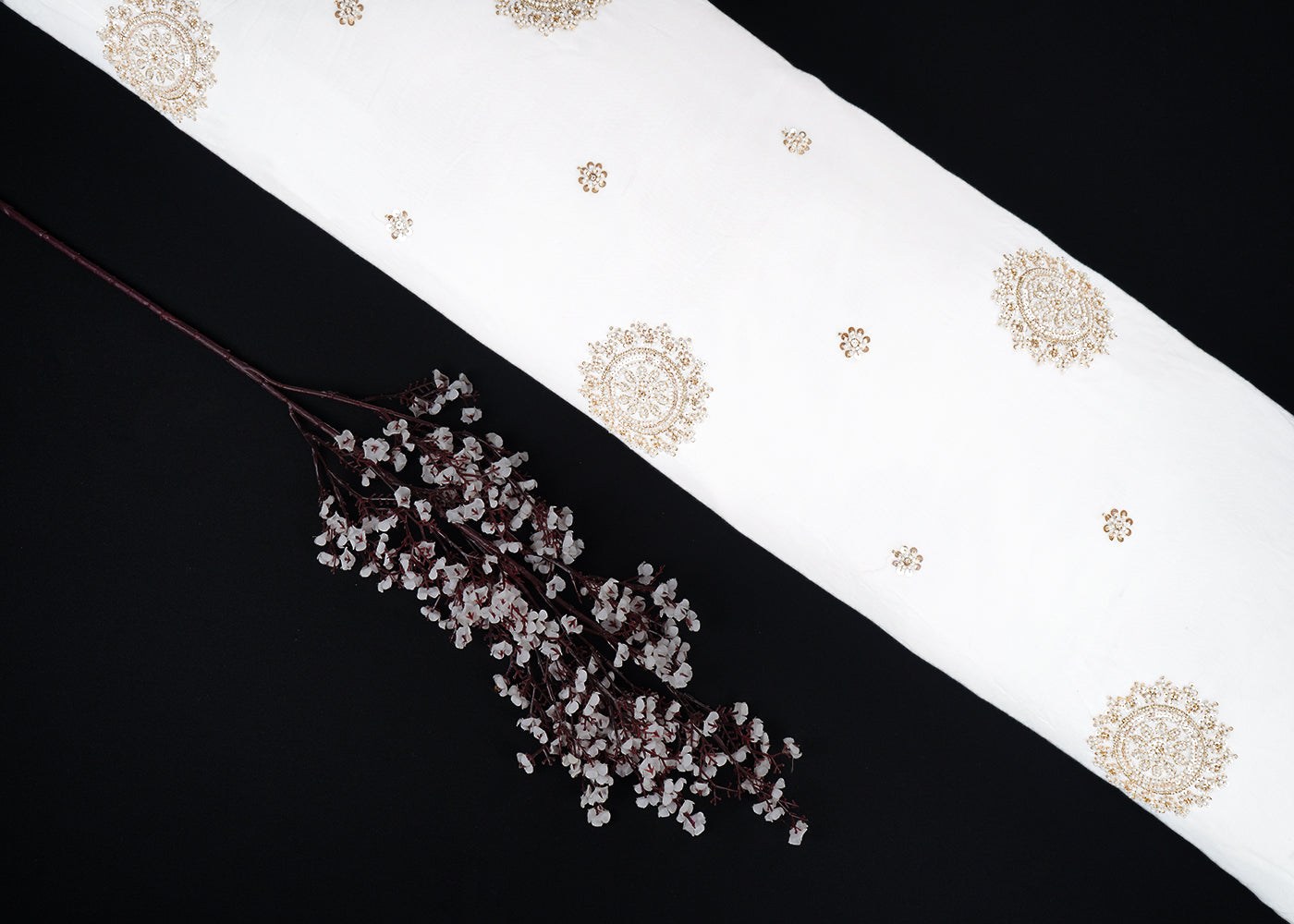 White Dyeable Modal Cotton Fabric With All Over Zari, Sequins And Katdana Work 22765