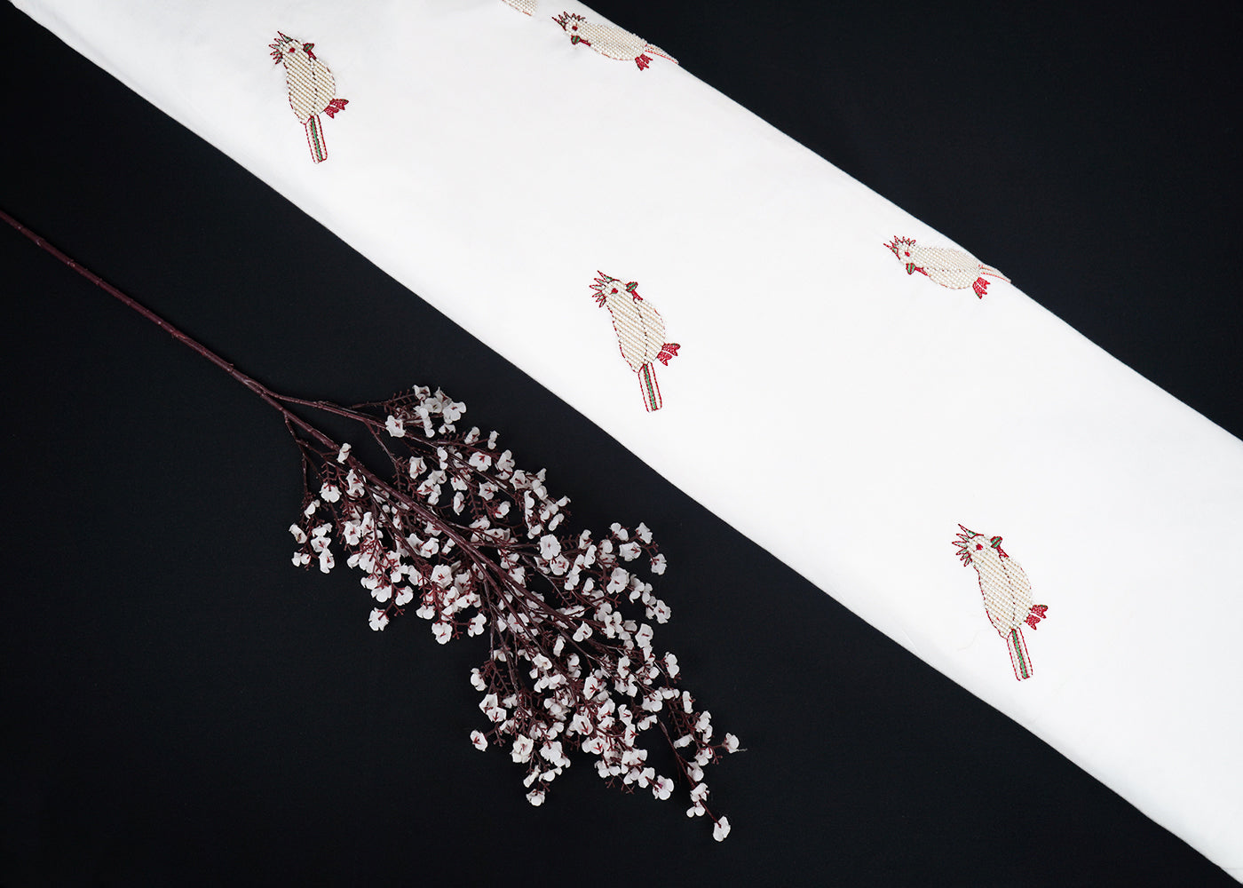 White Dyeable Modal Cotton Fabric With All Over Bird Motif Of Thread And Katdana Work 22766