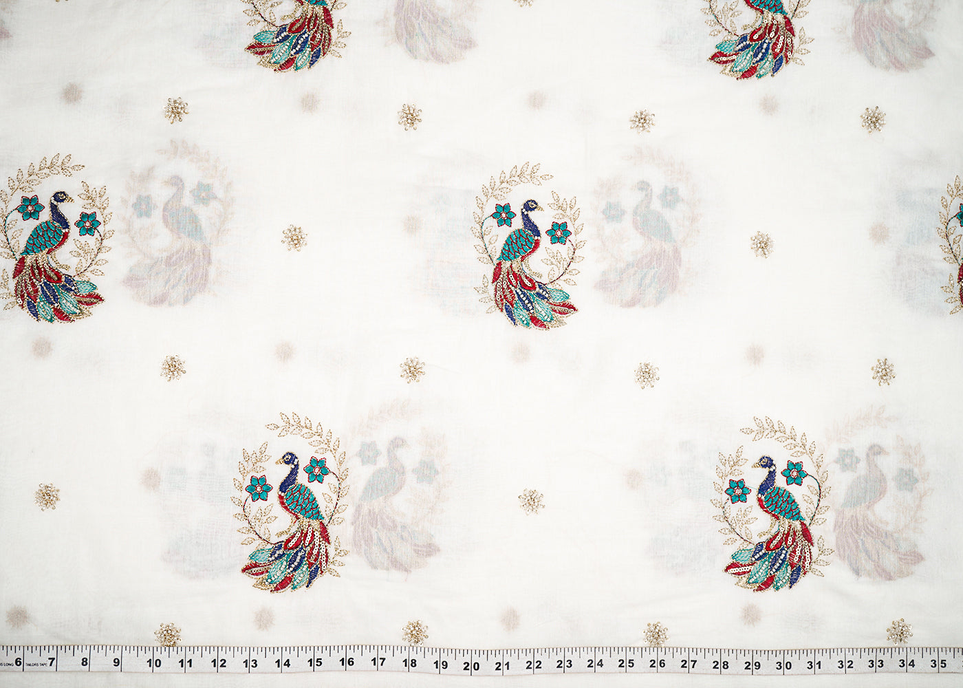 White Dyeable Muslin Cotton Fabric With All Over Peacock Motif Of Zari, Sequins And Katdana Work 22767