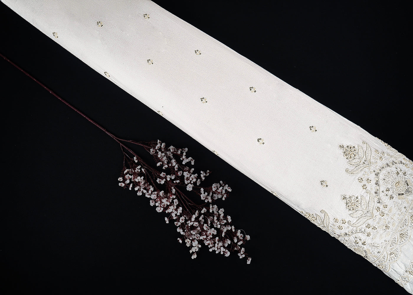 White Dyeable Cotton Fabric With All Over Buti Of Thread, Sequins And Katdana Work With Scalloped Border 22771