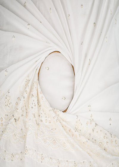 White Dyeable Cotton Fabric With All Over Buti Of Thread, Sequins And Katdana Work With Scalloped Border 22771