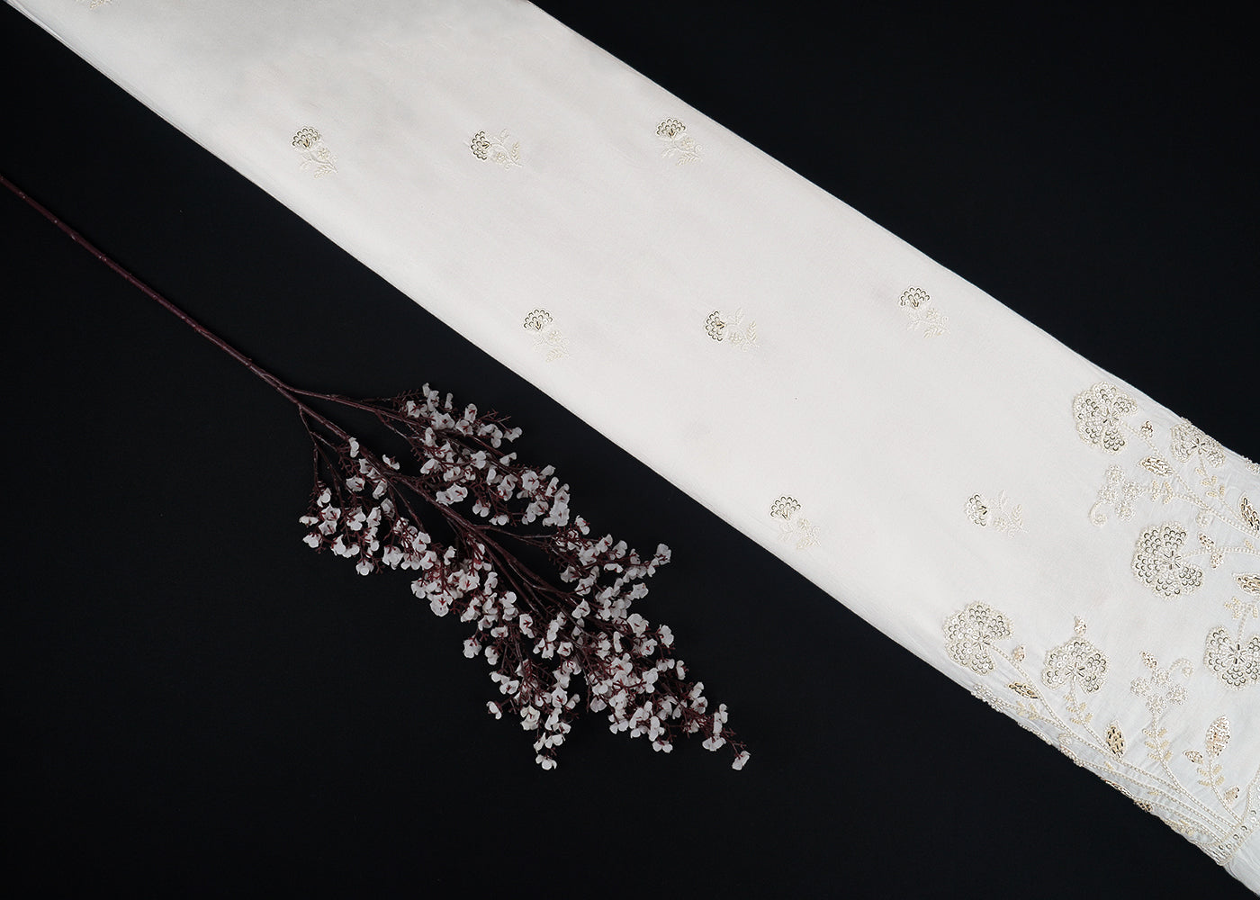 White Dyeable Cotton Fabric With All Over Buti Of Bead, Sequins And Katdana Work With One Side Border 22772