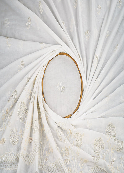 White Dyeable Cotton Fabric With All Over Buti Of Bead, Sequins And Katdana Work With One Side Border 22772
