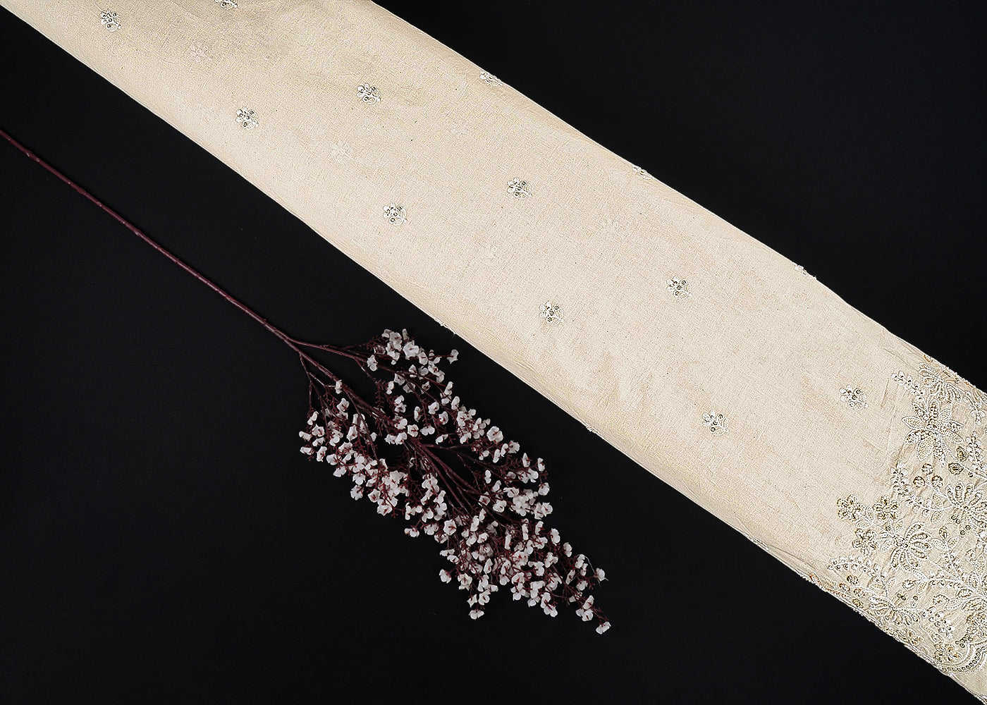 Off White Dyeable Kora CottonFabric With All Over Buti Of Thread, Zari, Sequins And Katdana Work With One Side Scalloped Border 22773