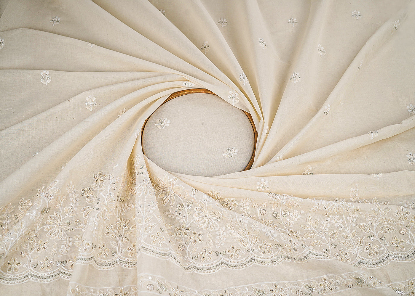 Off White Dyeable Kora CottonFabric With All Over Buti Of Thread, Zari, Sequins And Katdana Work With One Side Scalloped Border 22773