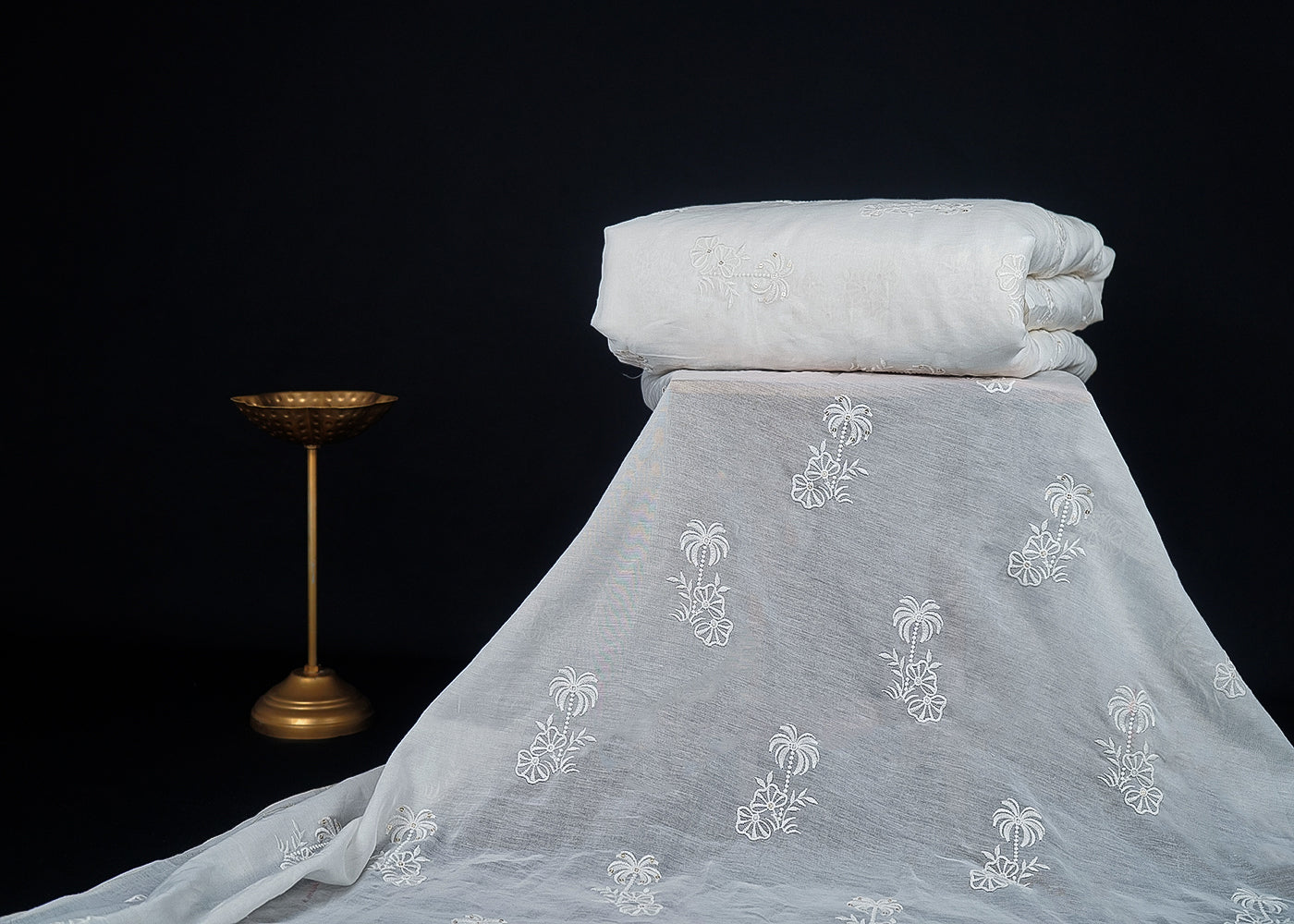 White Dyeable Muslin Cotton Fabric With All Over Thread And Sequins Work 22774