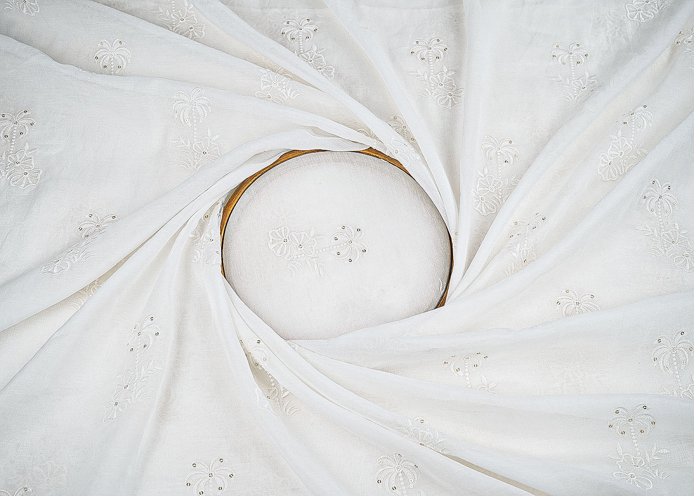 White Dyeable Muslin Cotton Fabric With All Over Thread And Sequins Work 22774