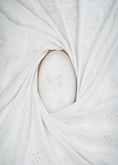 White Dyeable Muslin Fabric With All Over Thread And Sequins Work 22774