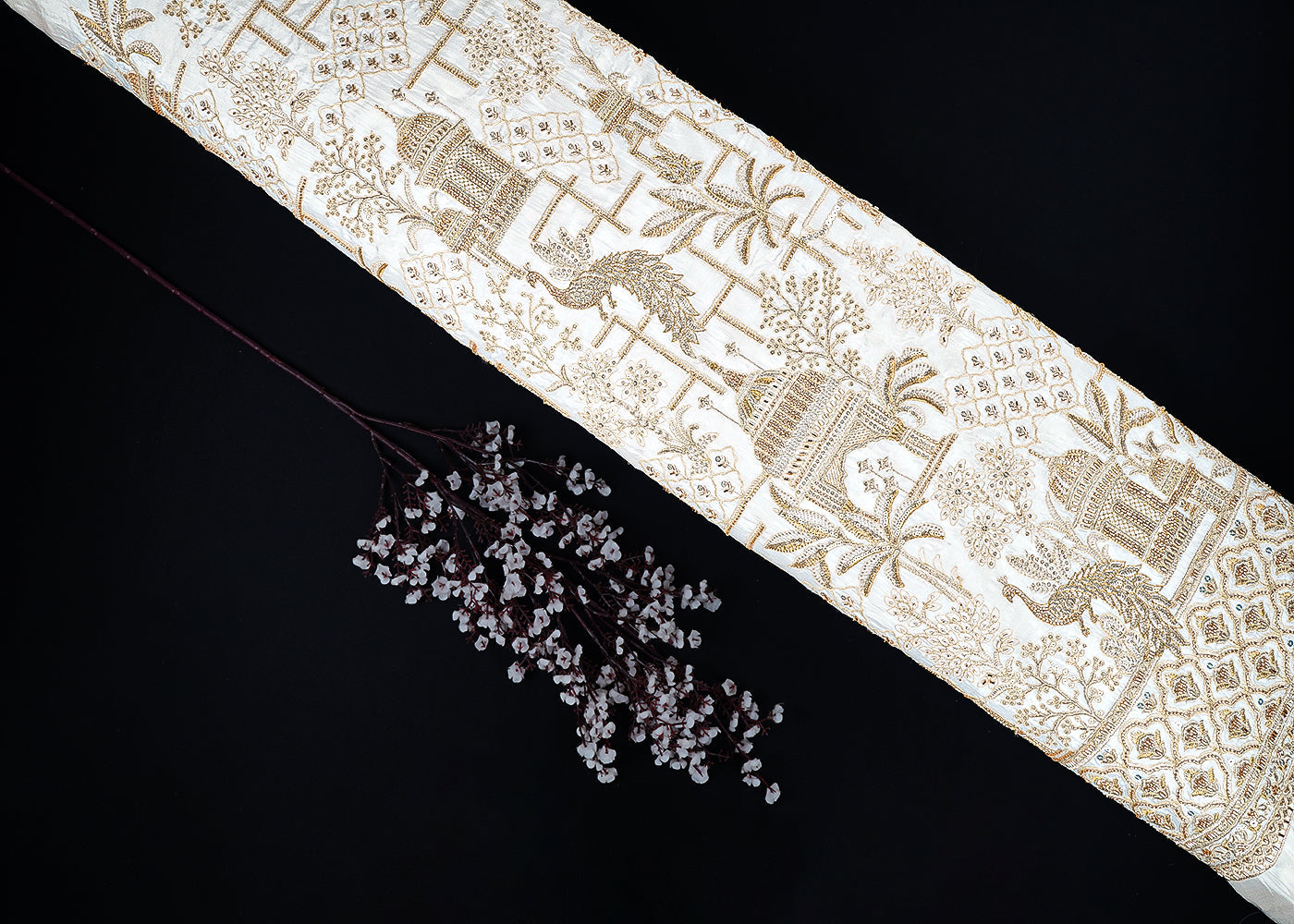 White Dyeable Silk Fabric With All Over Zari, Sequins, Katdana And Bead Work With One Side Heavy Border 22775