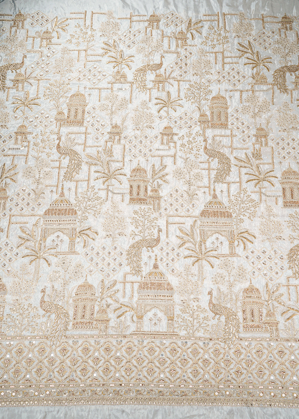 White Dyeable Silk Fabric With All Over Zari, Sequins, Katdana And Bead Work With One Side Heavy Border 22775