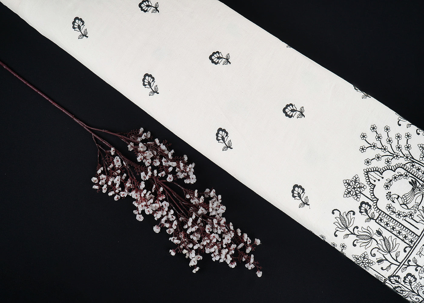 White Dyeable Cambric Cotton Fabric With All Over Buti Of Black Thread Work And Scalloped Border 22778