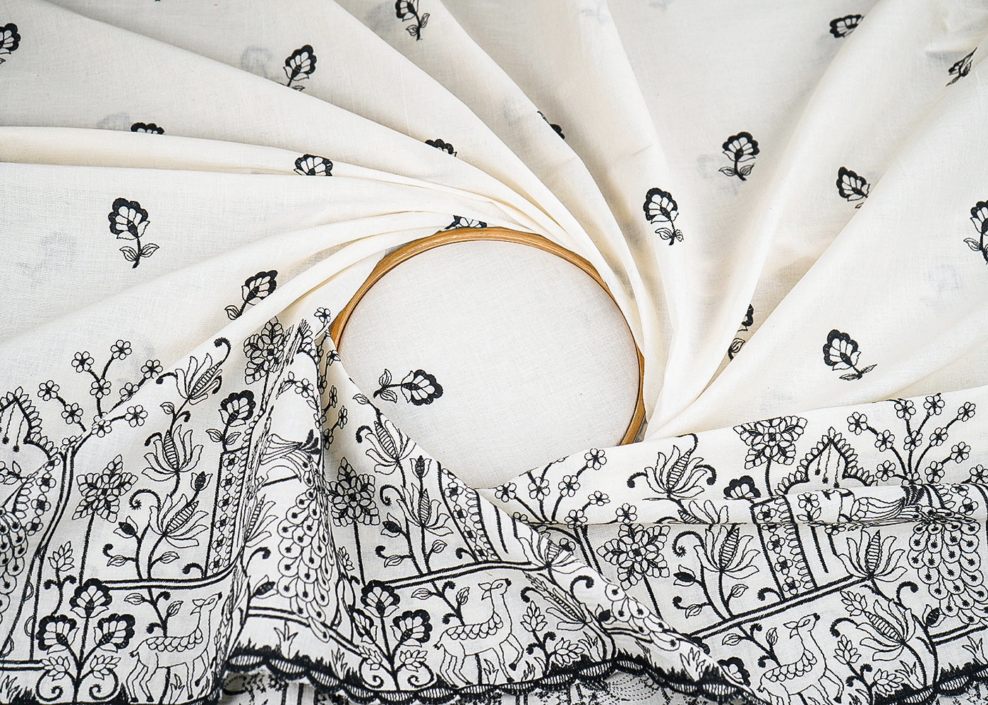 White Dyeable Cambric Cotton Fabric With All Over Buti Of Black Thread Work And Scalloped Border 22778