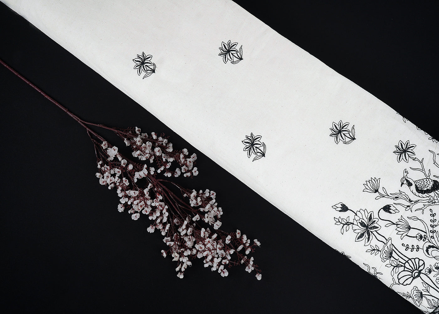 White Dyeable Cambric Cotton Fabric With All Over Buti Of Black Thread Work And Scalloped Border 22779