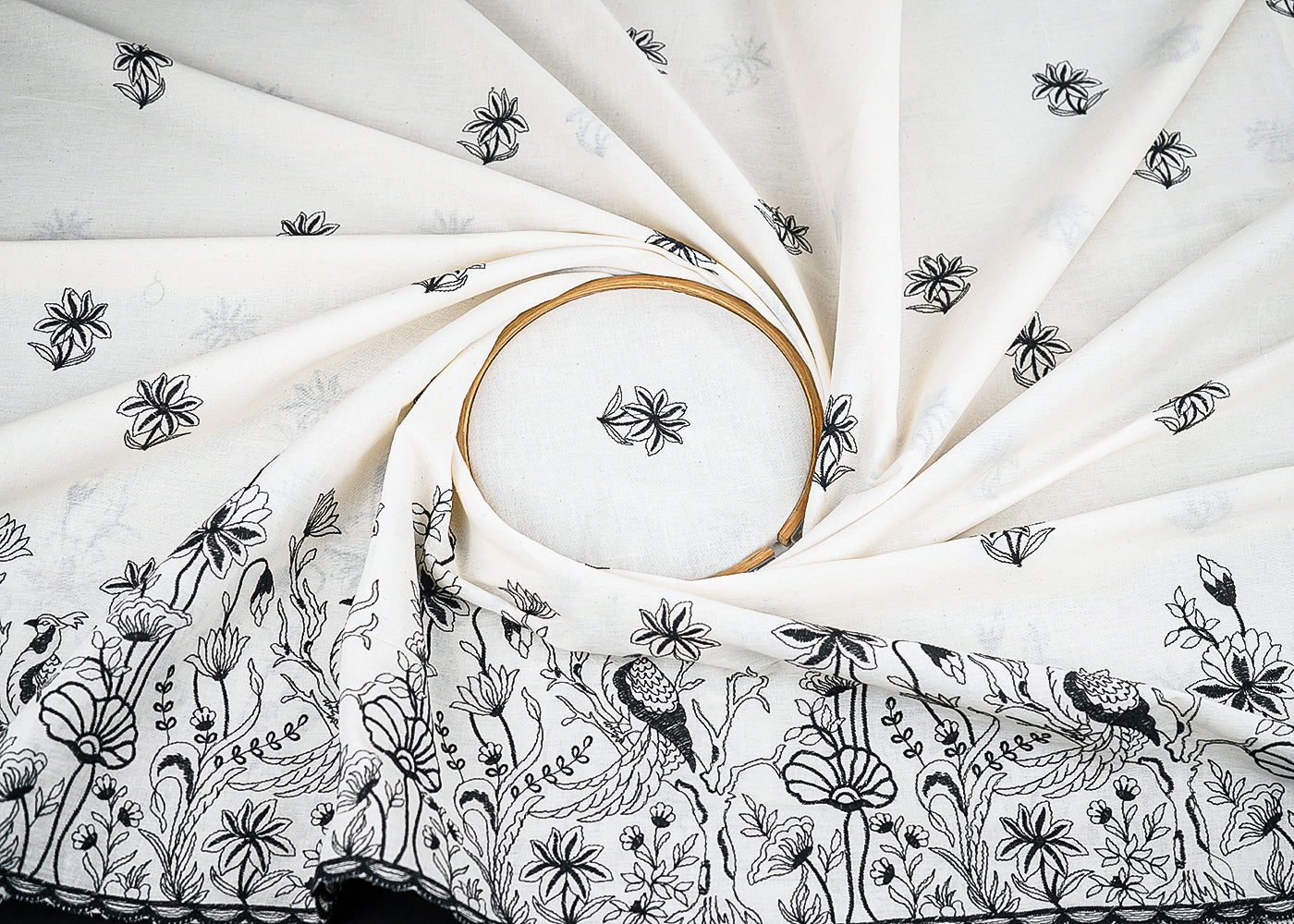 White Dyeable Cambric Cotton Fabric With All Over Buti Of Black Thread Work And Scalloped Border 22779