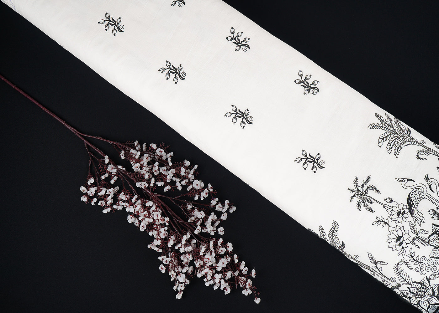 White Dyeable Cambric Cotton Fabric With All Over Black Thread Work And Scalloped Border 22780