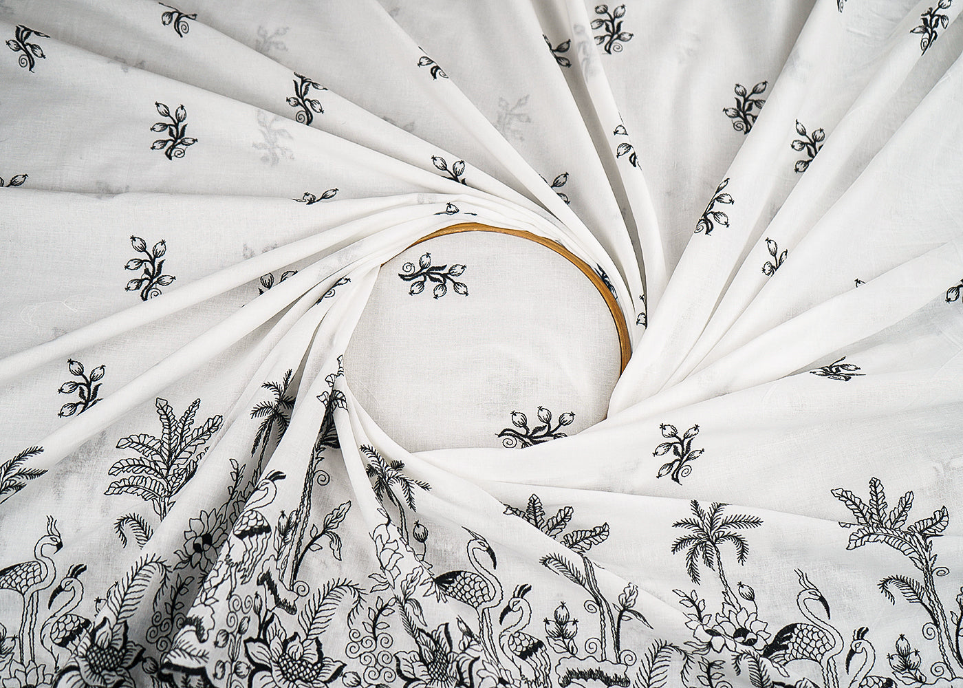 White Dyeable Cambric Cotton Fabric With All Over Black Thread Work And Scalloped Border 22780