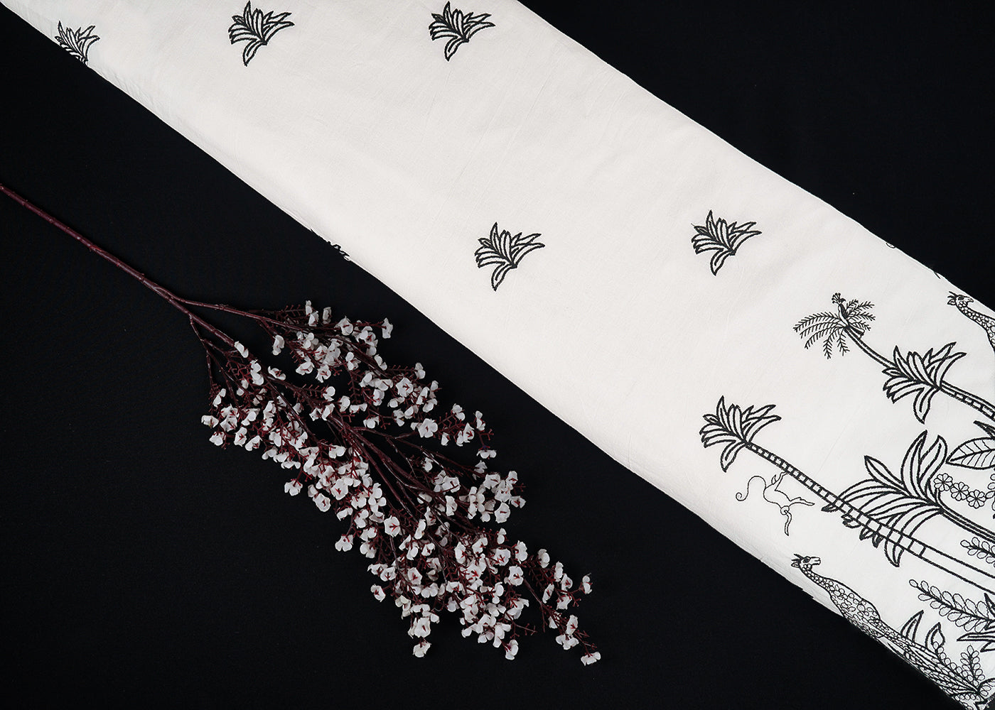White Dyeable Cambric Cotton Fabric With All Over Buti Of Black Thread Work And Scalloped Border 22781