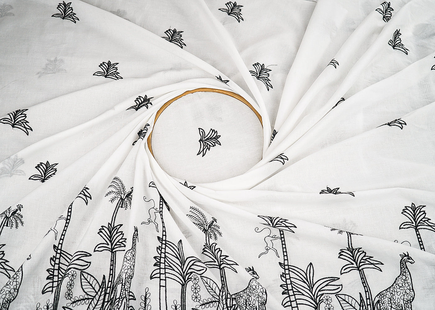 White Dyeable Cambric Cotton Fabric With All Over Buti Of Black Thread Work And Scalloped Border 22781