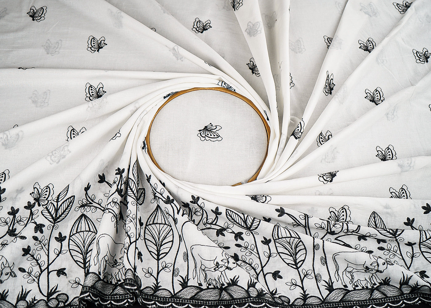 White Dyeable Cambric Cotton Fabric With All Over Butterfly Motif Of Black Thread Work And Scalloped Border 22782