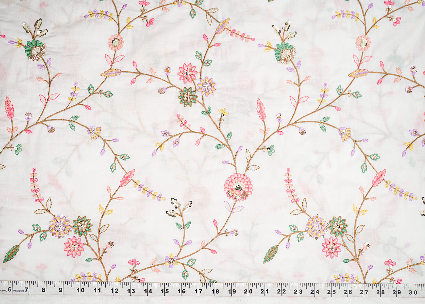 White Dyeable Cotton Fabric With All Over Floral Sequins, Katdana And Thread Work 22783