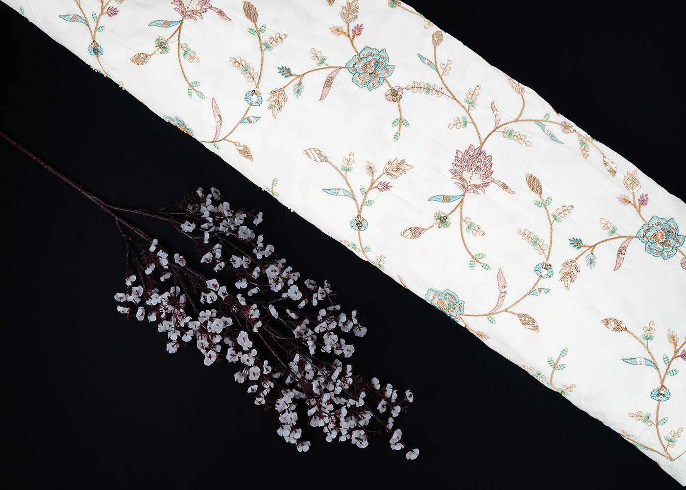 White Dyeable Cotton Fabric With All Over Floral Sequins, Katdana And Thread Work 22784