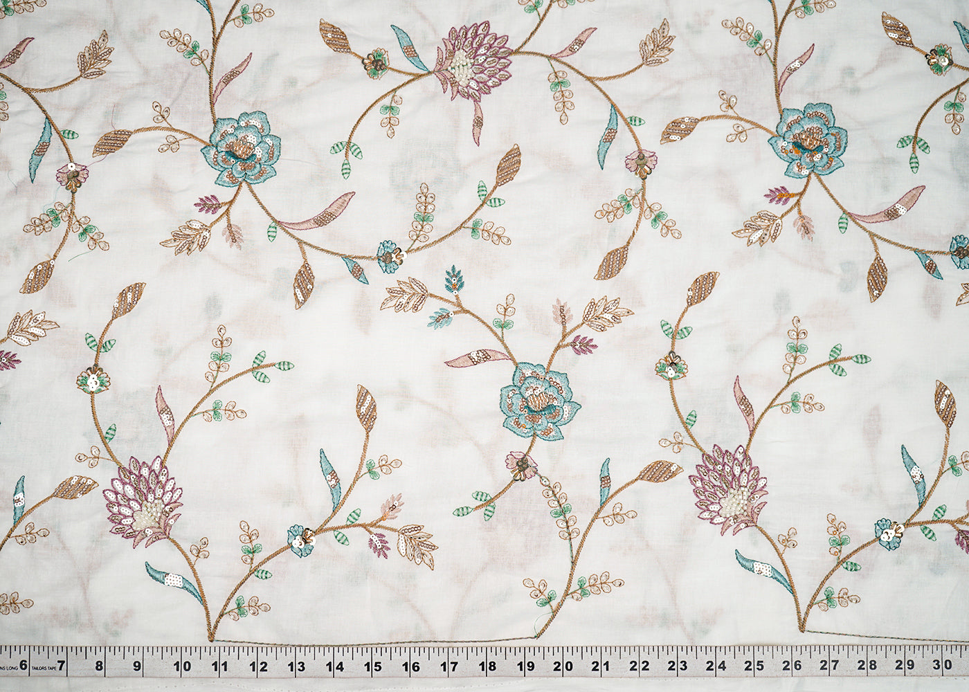 White Dyeable Cotton Fabric With All Over Floral Sequins, Katdana And Thread Work 22784