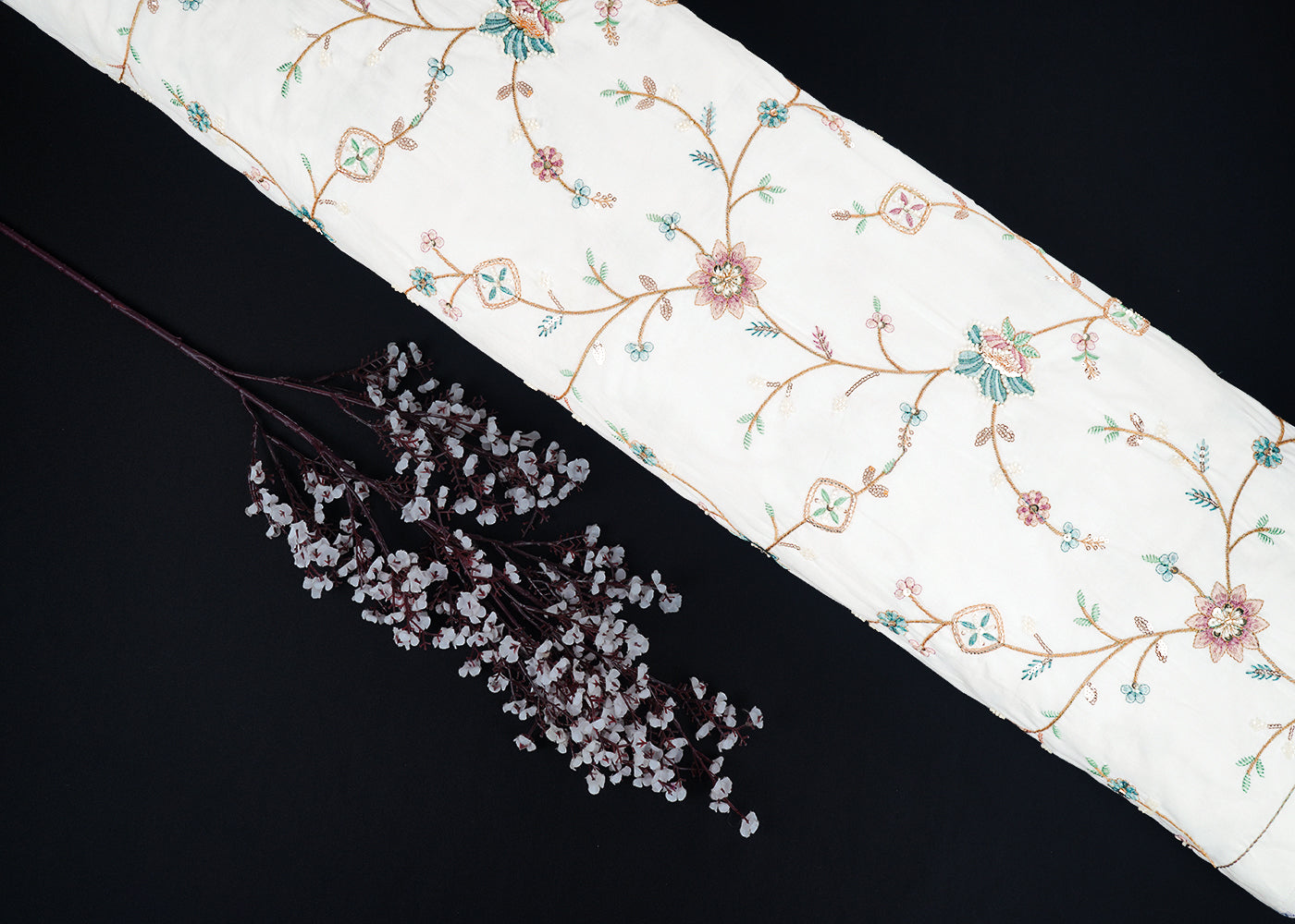 White Dyeable Cotton Fabric With All Over Floral Sequins, Katdana And Thread Work 22785