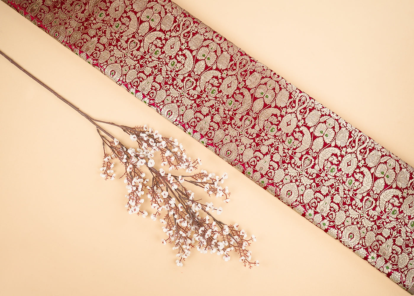 Maroon Banarasi Brocade Fabric With All Over Golden Zari Handloom 22791